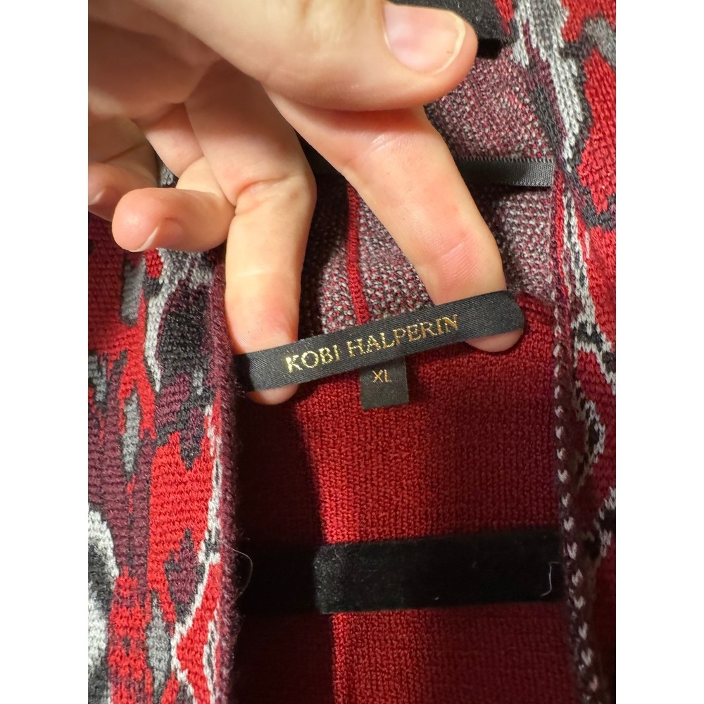 Kobi Halperin $995 Red Wool‎ Blend Cardigan Duster XL Aztec Print Belted - Picture 4 of 7